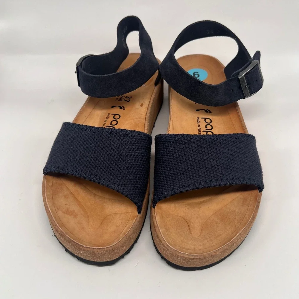 Papillio Birkenstock Blue Platform Sandals Womens 37 Cork Buckle Strap 6 6.5 new